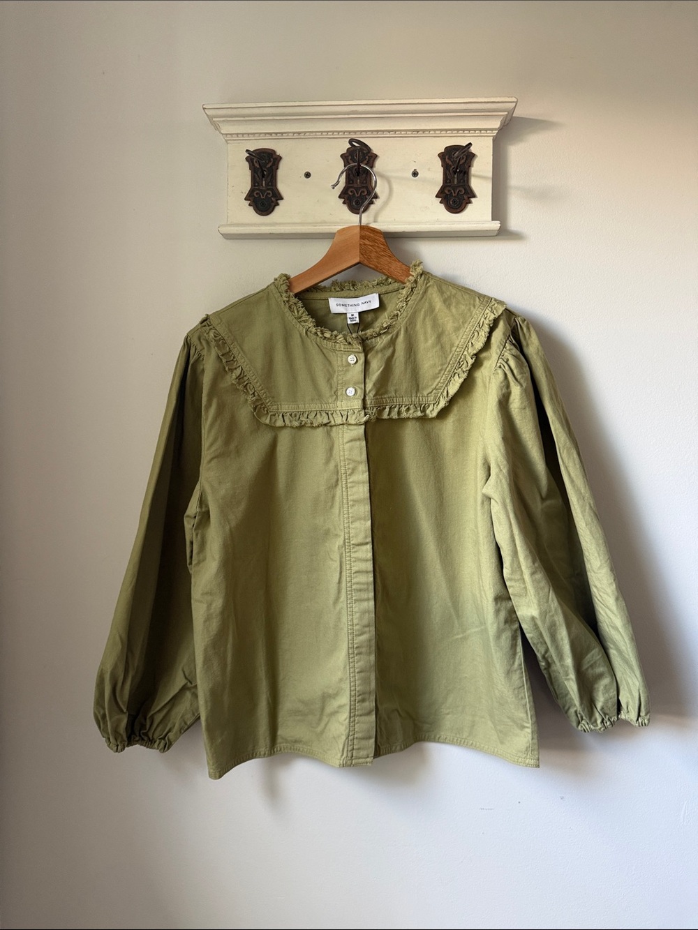 Something Navy Shirt Olive Green Ruffled Collar Button-Front Boho 100% Cotton
